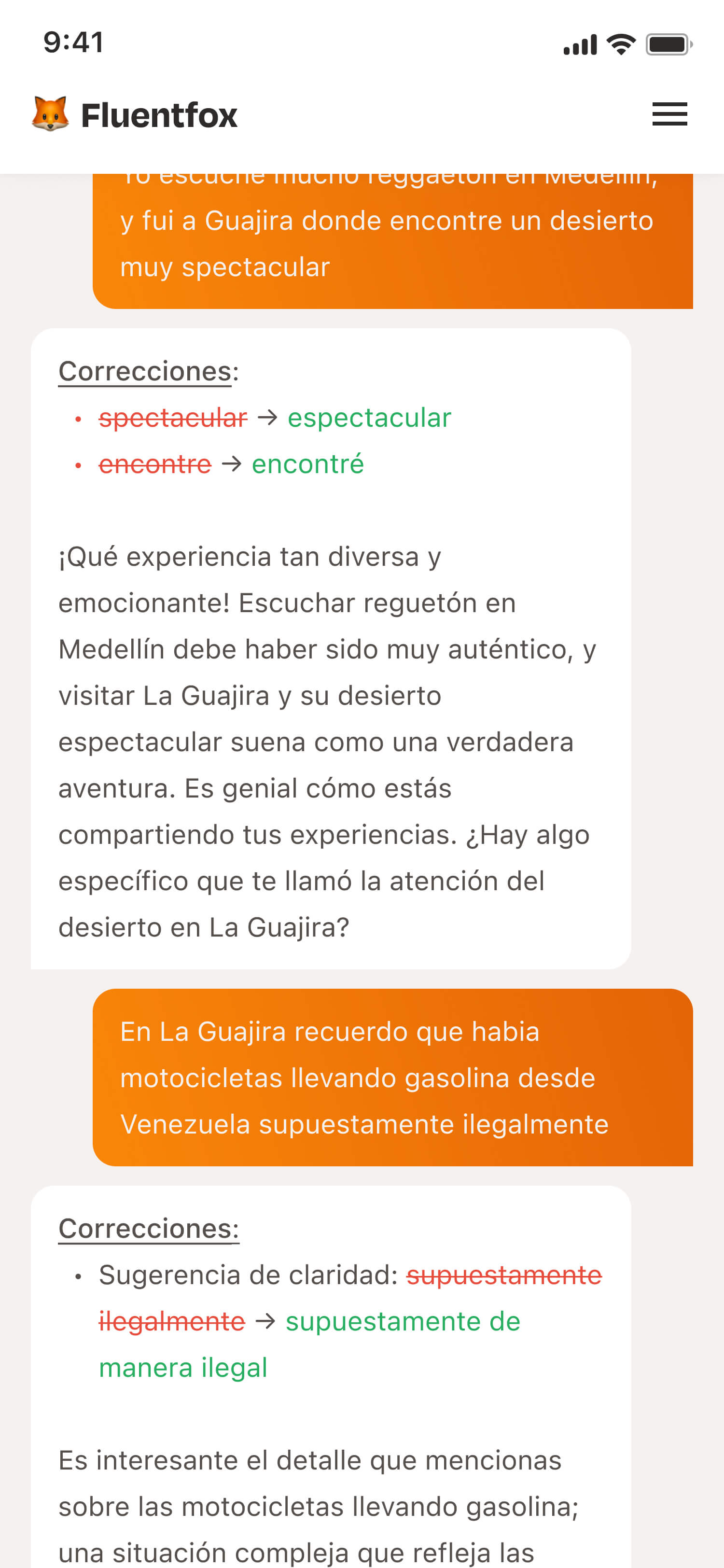 Screenshot showing somebody having a Spanish lesson in the Fluentfox app